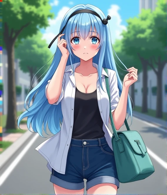 1 girl,,on the street,at night,in the park,long hair,blue hair,purple eyes,twintails,embarrased,cry,collar.leash,pet play,walking,white shirt,black shorts