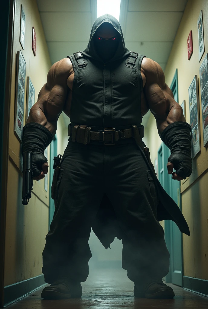 a muscular shirtless masked man standing in a dark room at night, holding a knife, hyperrealistic, highly detailed, dramatic lighting, cinematic composition, moody atmosphere, 8k, unreal engine, award winning photography