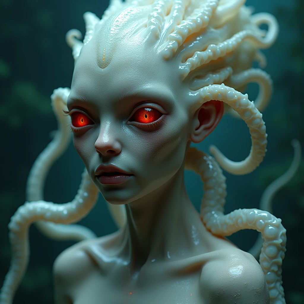 (masterpiece, best quality, 4k, hyperrealistic, dreamlike, Giger style:1.35), (precious fragile pale albino ageless immortal weak lithe slender androgynous male parasitic impotent god with claws (sharp teeth) (long tentacle hair) (beautiful eyes) (flat chest) male crotch bulge soft belly weak stomach and groin pain:1.5)