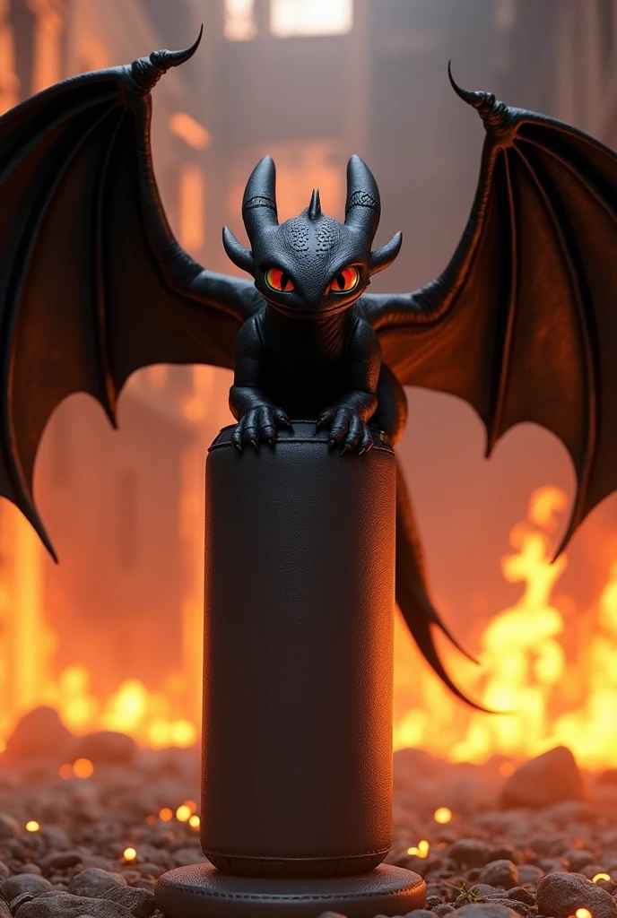 An image of the dragon of how to train your dragon, toothless with red eyes , On top of a punching bag that is hung , Let the wings be seen in full
With the background on fire