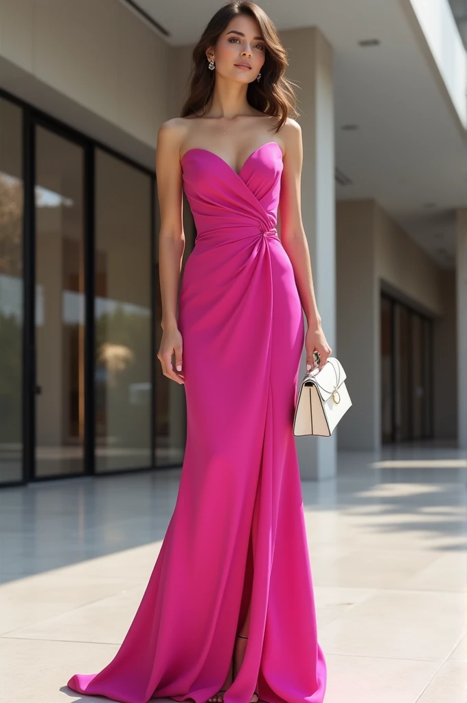 Light pink satin bodycon dress short above the knee with princess sleeves