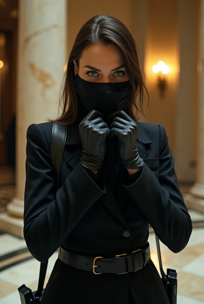 medium shot photo of a (suit with gloves) (yaelshelbia:0.99), nice cleavage, intricate magical+ city, evening, dark, atmospheric, mist, best quality masterpiece, photorealistic, detailed, 8k, HDR, shallow depth of field, broad light, high contrast, backlighting, bloom, light sparkles, chromatic aberration, sharp focus, RAW color photo trending on artstation, 4k<lora:epiNoiseoffset_v2Pynoise:1.0>