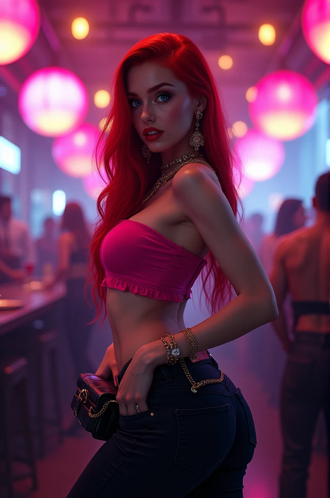 (full body shot:1.7) photorealistic image of a (sitting pose:1.3) woman, ultra realistic, photography, long red hair, girl, 24 years old, hourglass figure, perfect body, natural medium breasts, A hyper realistic image, with richness in details, with blue and purple bright colors in the cyberpunk style, of a 21 year old woman having a drink, with a very sensual and attractive expression, your hands are perfect and detailed, your hair very well detailed, you can see many men standing around her at her table, she loves their attention and teasing them, hot body, realistic,detailed, smooth, sharp focus , realistic, highly detailed, sharp focus, nsfw.