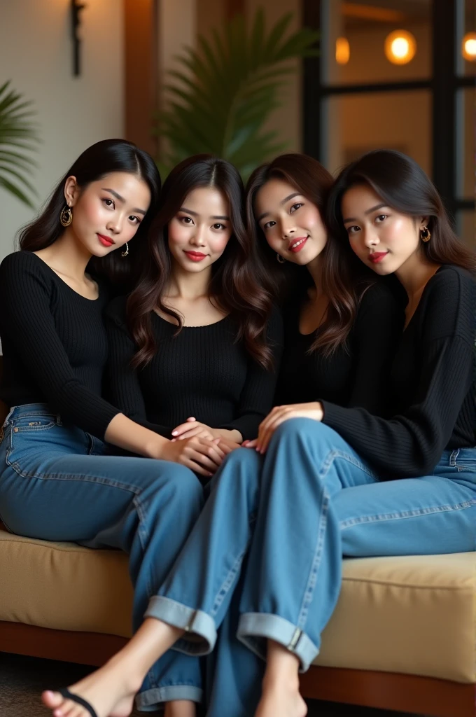 Leather leggings woman 3 people Asia Lying on the floor