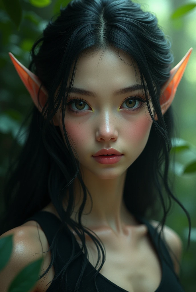 person with Earth type face, Lotus eye, medium mouth size, fine silky straight long hair, forehead with downward pointed hair line, wide forehead, normal low set brow bones, High eyebrows, eyebrows with tails pointed upwards, widely set eyebrows, eyebrows thick at start, long thick eyelashes, perfectly spaced eyes, dark brown eyes, shiny eyes, tip of ears higher than eyebrows, upper portion of ears is pressed inside horizontally, large ears, round and big ear tips, ears with big holes, long earlobes, naked tits