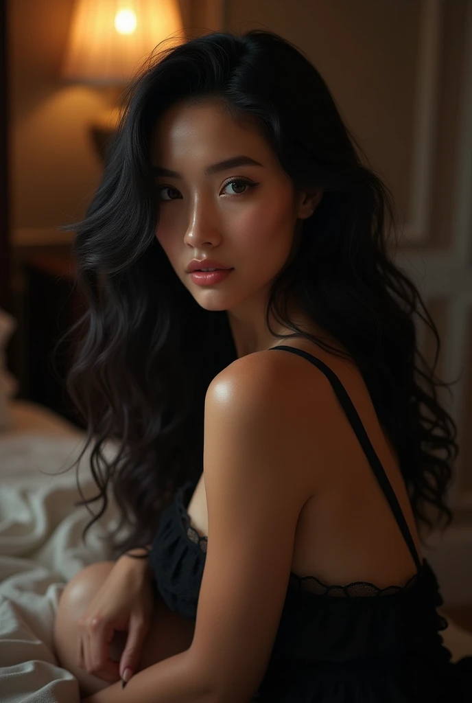 8k Beautiful Nude Asian Woman With a black bikini, on the bed, big , sexy pose
