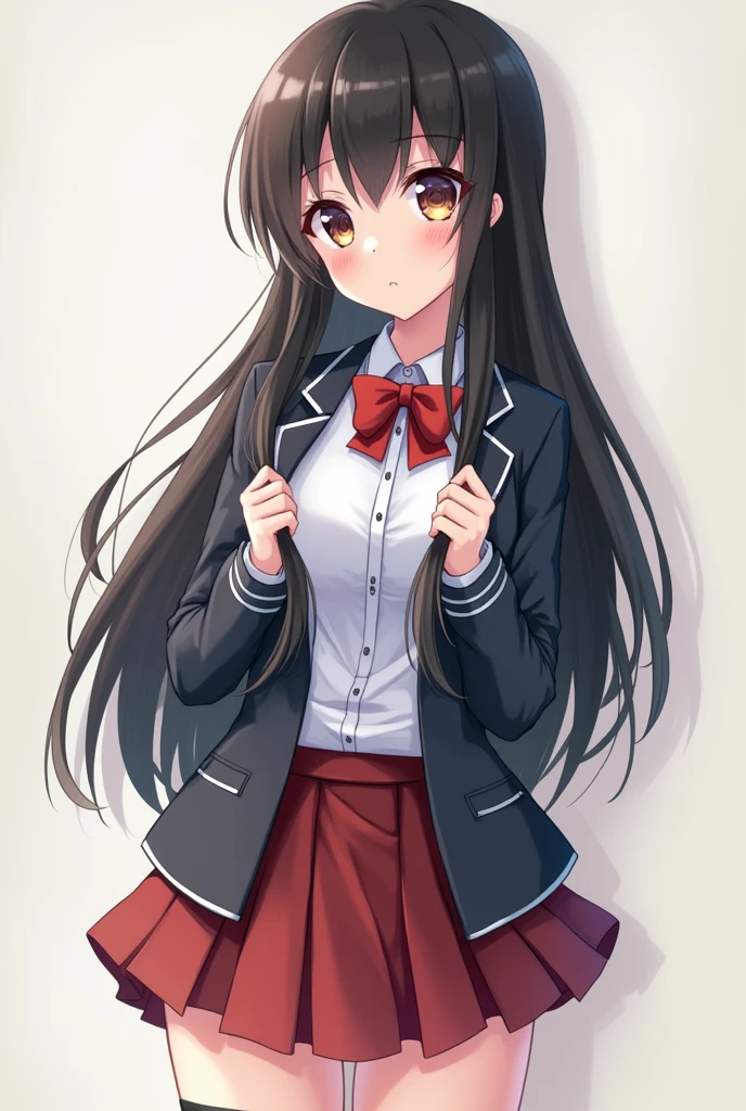 <lora:stakes of purgatory v2:1> (belphegor \(umineko\):1.2), long hair, side ponytail, black hair, red eyes, stakes of purgatory, 1girl, solo, red jacket, cropped jacket, white shirt, undershirt, collared shirt, frilled leotard, showgirl skirt, (garter straps:0.8), black thighhighs, <lora:quickdraw_v1.2:0.7> quickdraw