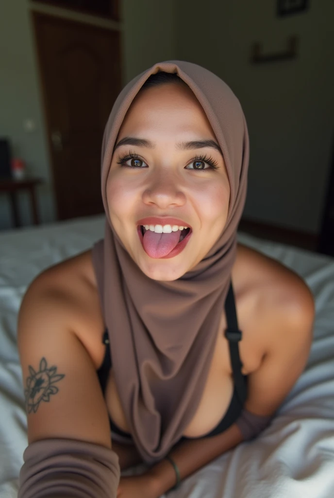 ((best quality)), ((masterpiece)), (detailed), 4K, perfect face, naked young malay woman, 25 years old malay woman, no shirts, woman wearing hijab grabbing penis, man with no hijab, woman touching penis, on couch, handjob, view from above, man touching woman face, dynamic camera, sweating, wet body, white and fair skin, smirk, smile, naked