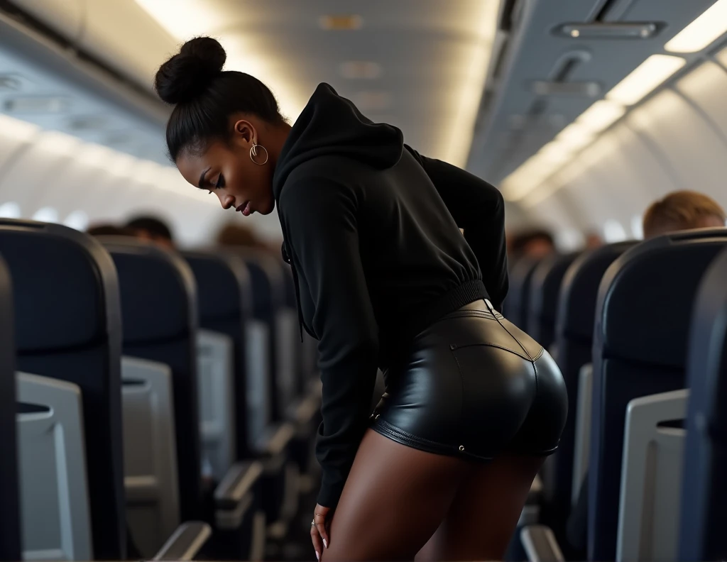black woman hair in a bun black hoodie black leather short shorts getting up from seat camera looking up at her ass low angle backside view
camera up close to ass