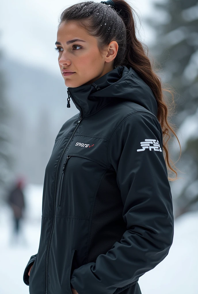 braune Haare, Frau 20 Jahre, Seductive smile, schlank, sportliche Figur, schwarzes figurbetontes Skioutfit, Outdoor area of a ski hut, Mittagessen, Sonnenschein