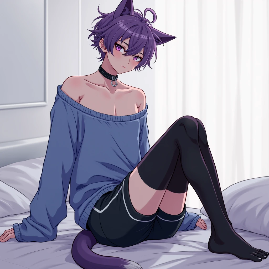 (masterpiece, best quality:1.2), illustration, absurdres, highres, extremely detailed, perfect face, 1boy, male focus, (adult male:1.2), sitting on bed, purple hair, short hair, messy hair, purple eyes, blue off the shoulder sweater, black sport shorts, bulge, black thigh highs, dog collar, flat chest, thick thighs, tall, smiling, looking at viewer, dog ears, dog tail, femboy, otoko no ko,