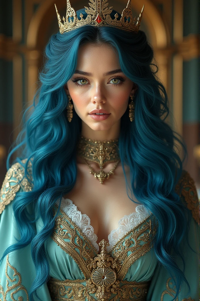Majestic queen woman sitting black hair with a blue lock
