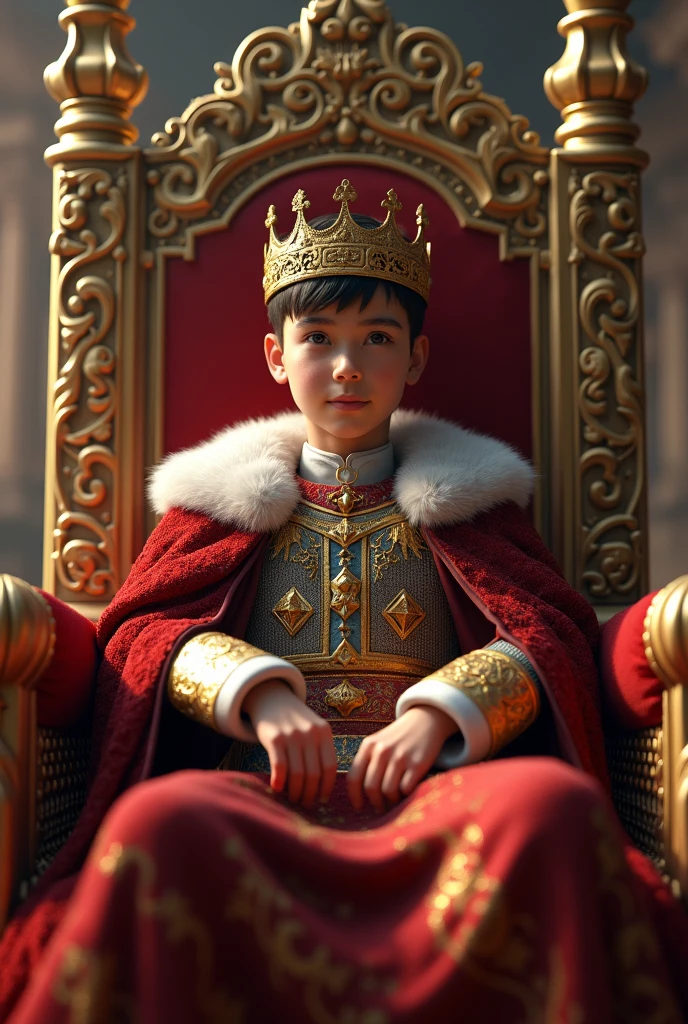 A 1 boy sitting on a throne wearing royal robes Striking a pose for the attached white light in the background.
