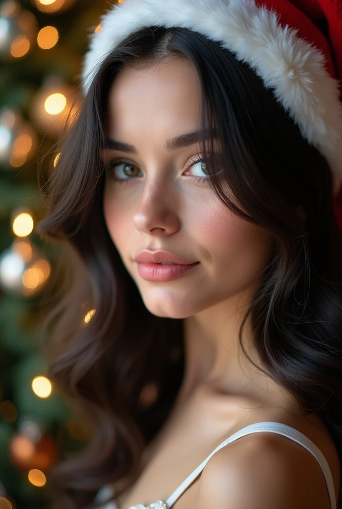 Ultra-realistic color photographic portrait, taken by a proficient photographer, of a radiant Brazilian woman with curly brown hair adorned with a Christmas hat. Her captivating brown eyes shimmer with warmth under the green and purple holiday tones. In the image, the frontal photo of the 24-year-old girl exhibits her entire face and hair in crisp detail, with sharp focus and high contrast. Her eyes, filled with happiness, kindness, and captivating charm, directly gaze into the lenses. The background subtly blurred, allowing the charming subject to truly stand out. The photograph is meticulously post-processed, revealing its intricate details and seam