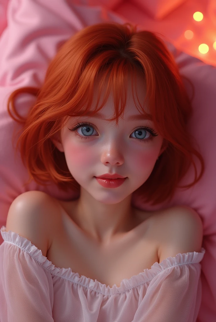 1womanl, Red hair, shorth hair, shy facial expression, short camisole, flower in hair, good backlight, the night, lying on her bed, bangss, aretes, freckles on the face, redheadwear, breastsout, Selfie