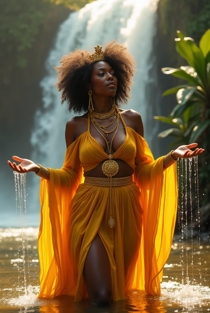 Black-skinned female Orixa of Afro religion wearing yellow clothing sitting on the edge of a waterfall with her mirror in her hands 