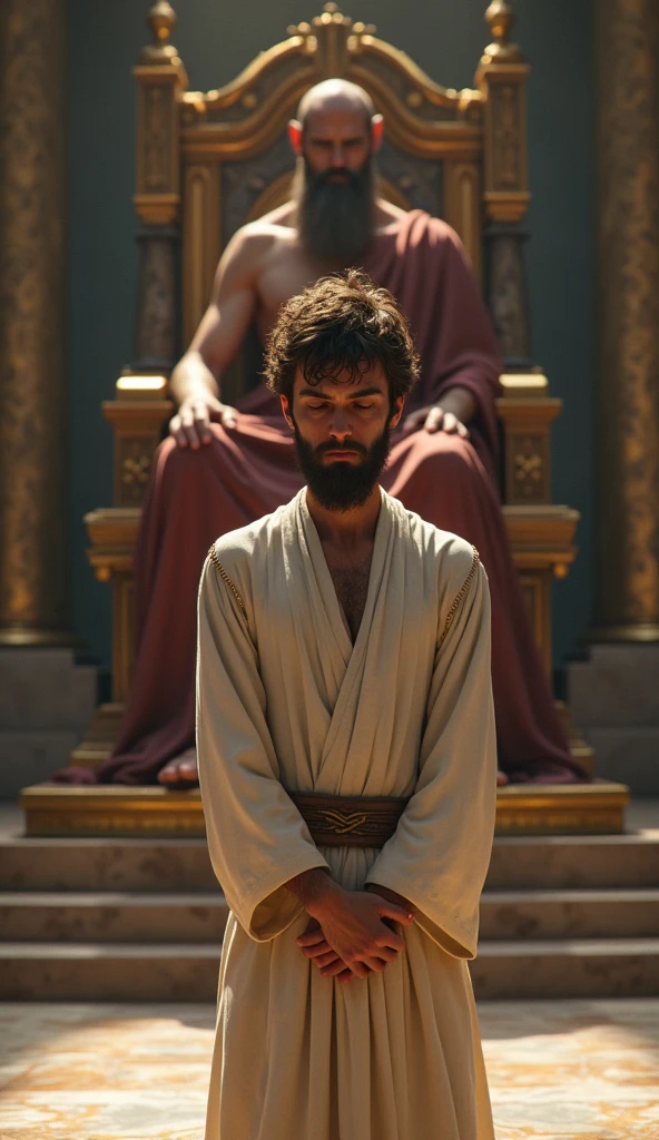  Create a young man , with hands tied,  with an expression of sadness and face down ,  of hair up to the middle of their neck , brown color and beard ,  dressed in white robes ,  long sleeves, biblical times style, in a Jewish temple in biblical times, standing in front of a king who is seated on a throne.