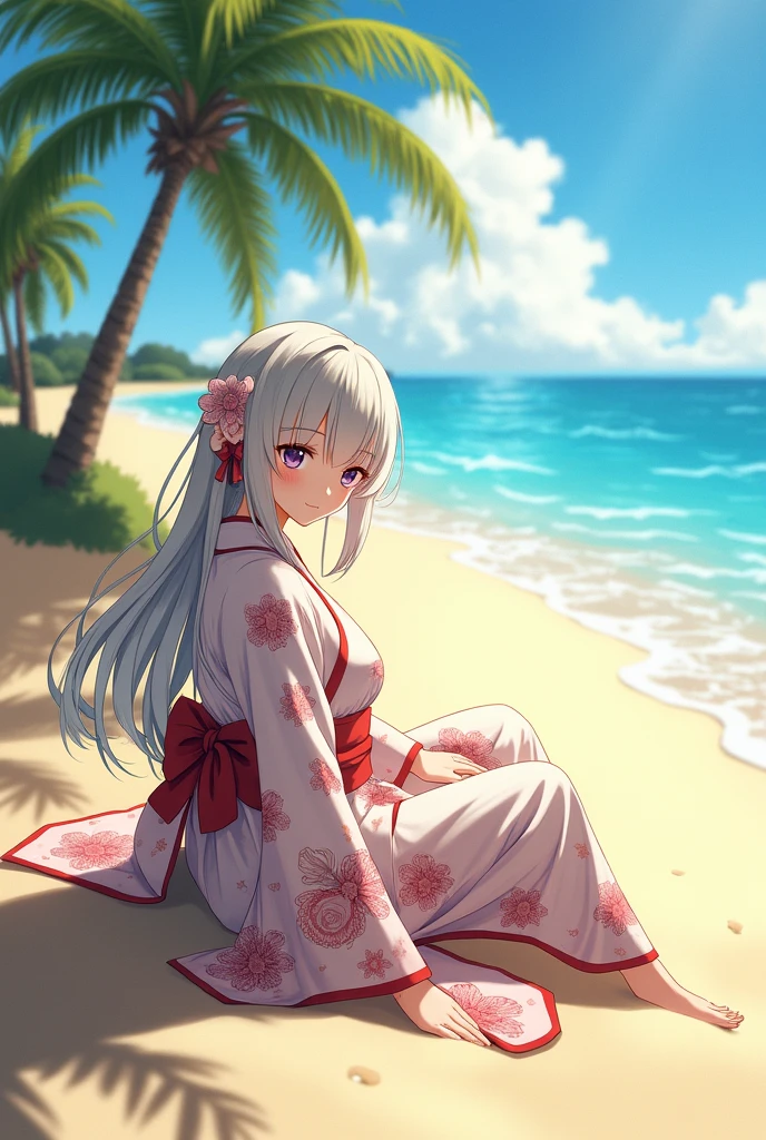 ((2D Beautiful Girl:1.5、top-quality:1.5、perfect fingers:1.1、perfect anatomia:1.1、Perfect outfit、Beautiful illustration))、cute petit girl、(transform sequence)、((cute decorative headband、Pretty kimono-style swimsuit))、ers old、Solio、Fractal Art、babye、((sht long hair))、Beautiful big drooping eyes、Red in the face and embarrassed、dismay、Teary-eyed、(fullllbody)、((1人))、Blue sky and sandy beach in the background、