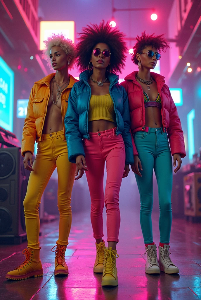 ((best quality)) four animated black women (kpop group concept) , wearing y2k clothing , baggy jeans , colourful shirts , modelling next to a pink japanese car in a dark parking lot 