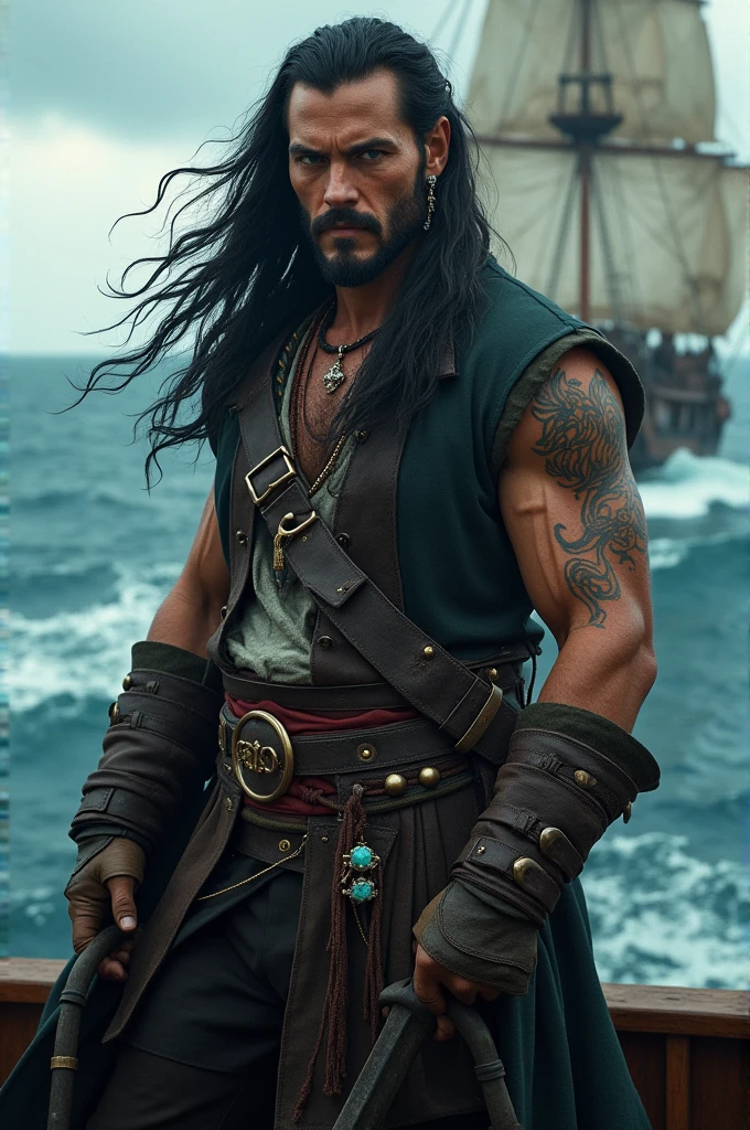 make a pirate man that is a cross between Captain Jack Sparrow and Jason Momoa, Black hair, smoky eye makeup, green eyes, muscular, showing more of his chest