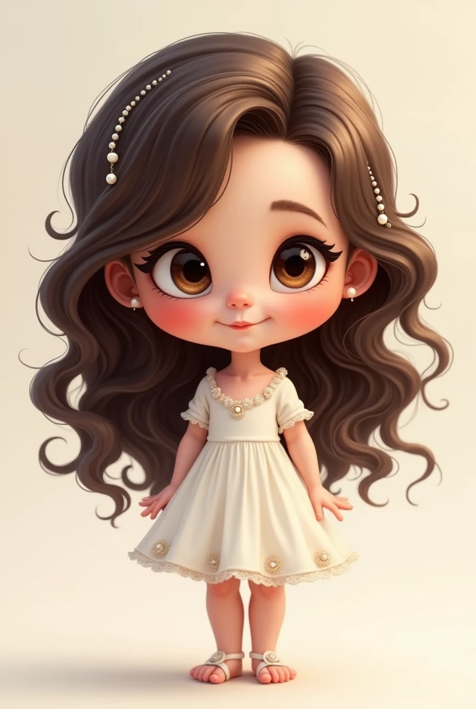 cute baby chibi girl brown hair, flower in head, white and pink background, smiling happy,