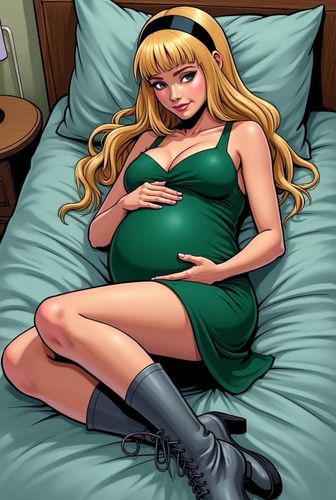 Very pregnant Emma Frost, tight white top, tight white leggings, white cape, blonde hair, sexy pose, medium breasts, tight waist, cleavage, hair over one eye, shy