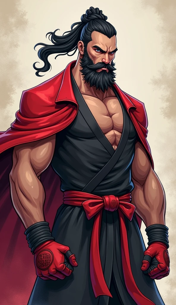 character, old man, brown hair tied up, muscular, imposing, dangling earring on her ear, totally black eyes, short beard, bushy eyebrows, cigar in his mouth, scar on his shoulder, wide wool trousers, white ribbons on her waist, white staff, anime, 4k, fondo blamco