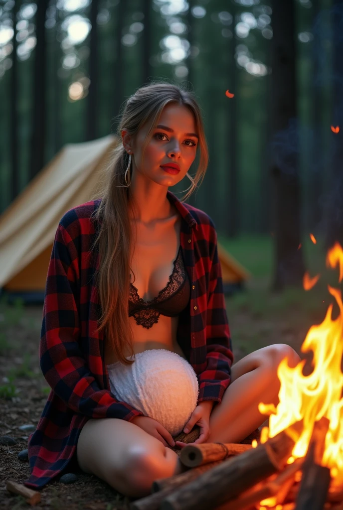 Beautiful, sexy, attractive redhead, (black lingerie with stockings), sexy eyes, (camping), intimate, hot, sensual, on hands and knees, waiting, slutty, wide angle shot, (no extra legs), (No extra arms) night, campfire, tent in background, ((ung man sitting in background)), perfect face, masterpiece, high quality, cuckold