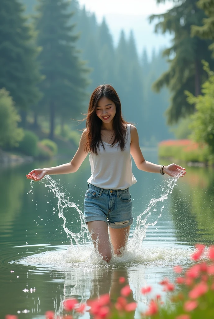 a joyfull chinese young chubby girl laughing while sitting under the rain in a lush, tropical setting with flowing water around them, wearing a wet white tshirt. The scene captures a sense of freedom and happiness amid a beautifull natural background.