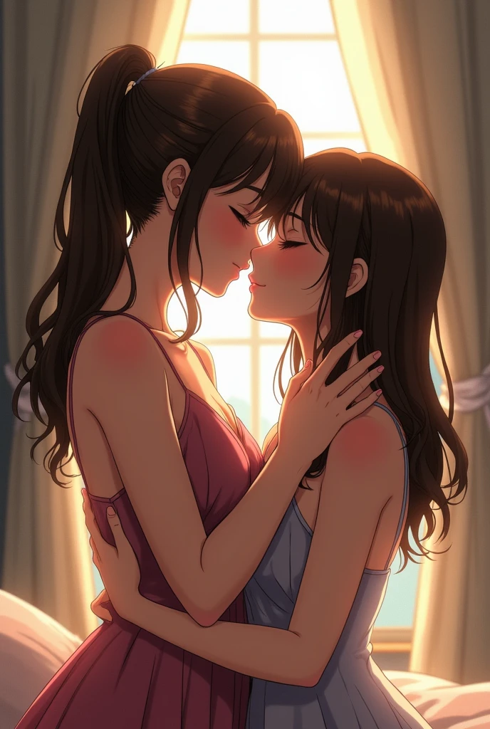 Young boy shirtless kissing woman wearing unbuttoned sheer white shirt and sexy red lingerie underneath, intense scene, dark room, one lamp, warm lighting, very erotic, sweaty, lustful, passionate, making out