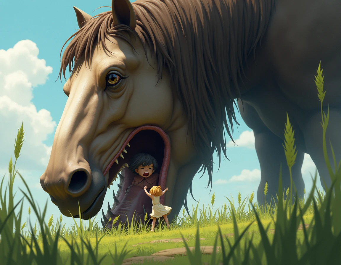 Creates an image of a horse eating a girl