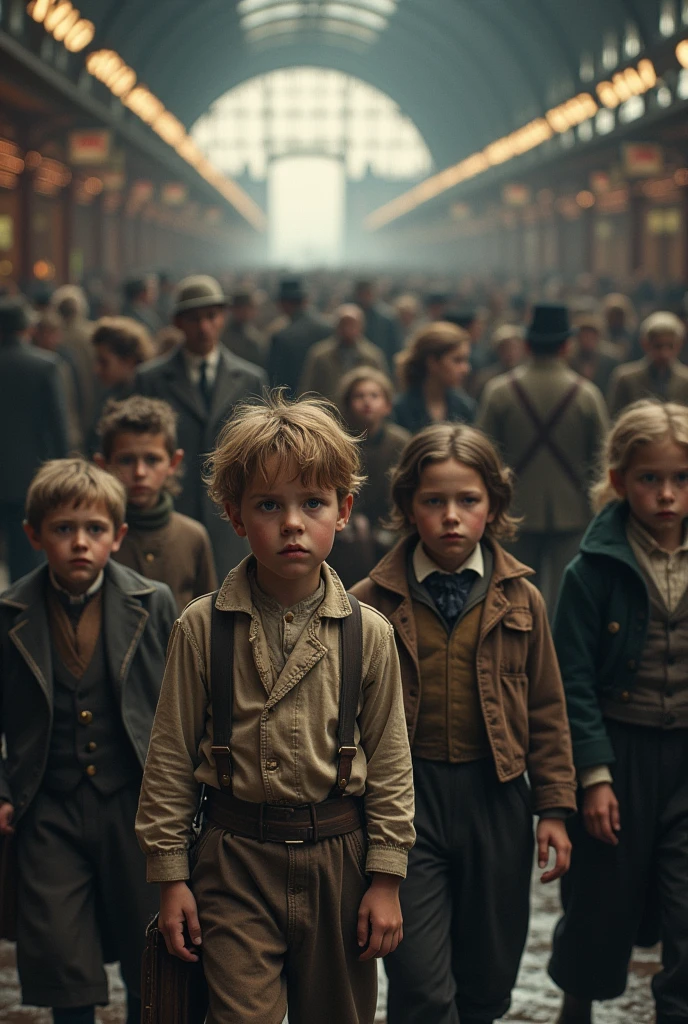 1912 New York City, children playing in the streets, detailed portrait, beautiful detailed eyes, beautiful detailed lips, extremely detailed face, long eyelashes, vintage, antique, sepia-toned, warm lighting, nostalgic, cinematic, film grain, intricate details, atmospheric, high quality, photorealistic, 8k, masterpiece