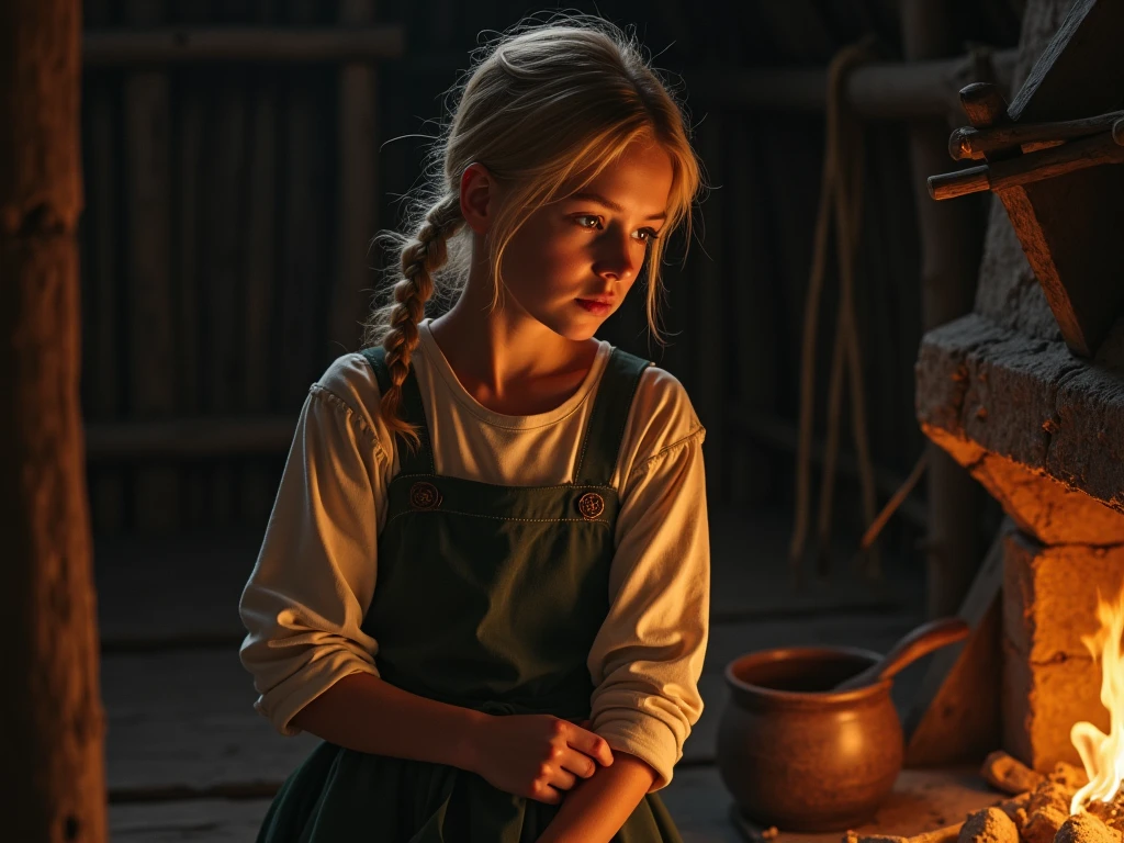 Adorable Young girl (9 years old) big beautiful eyes blonde hair in a satanic temple worshipping Lord Satan