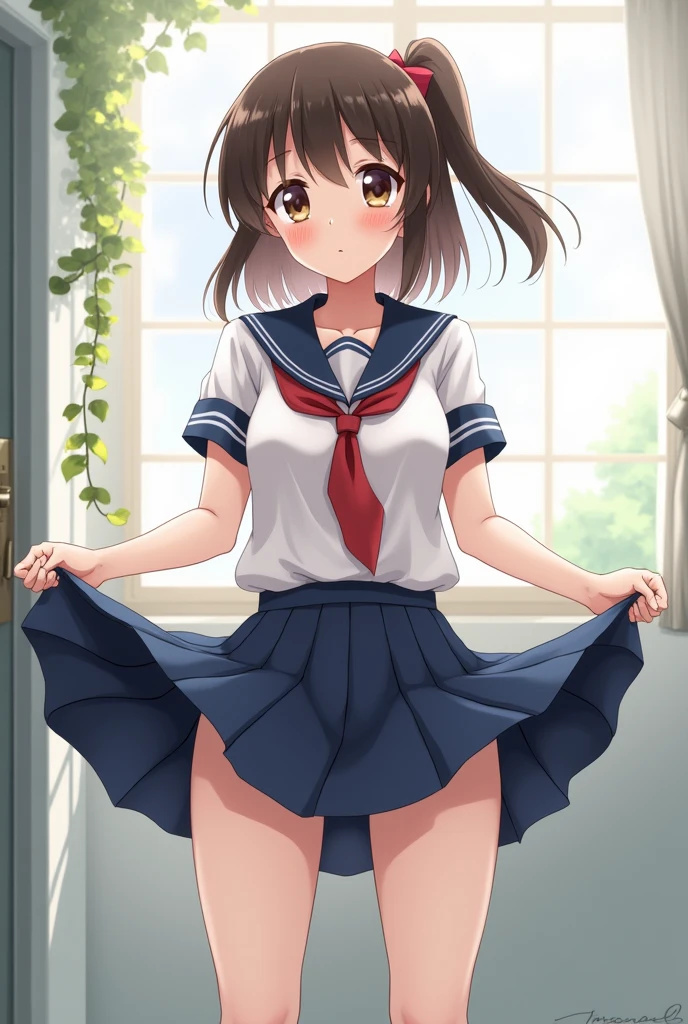 Highest quality, masterpiece, High resolution, alone, {inazuma_Kantai Collection}, brown_hair, Folded_ponytail, brown_eye, length_hair, Open_mouth, smile, School_uniform,skirt,Pleats_skirt,((Flat Chest, Small breasts)),navel,  (White panties), (In underwear), (lingerie), (Outdoor), (skirtリフト),((nsfw)), Wet clothes, ((Panty shot)),