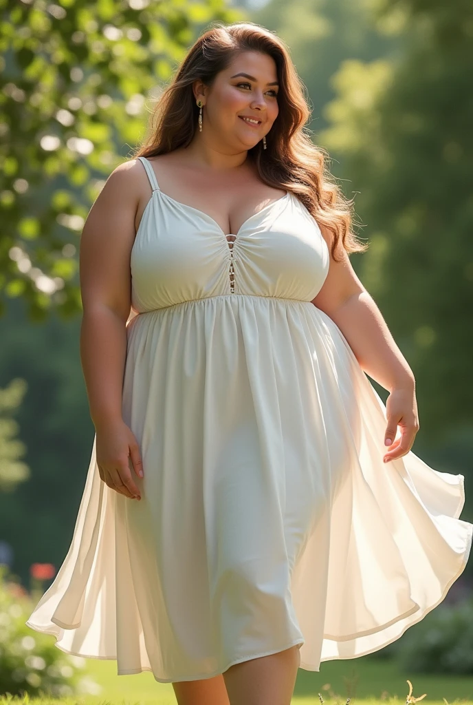 A beautiful and hot almost chubby mature  woman. who is wearing a lace-like floral dress. And standing in nature. A smiling face