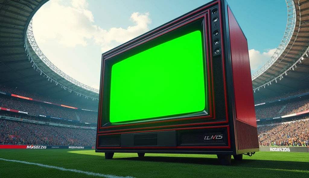 A giant red and black Flamengo television with a green Chroma Key screen and the Maracanã stadium in the background.