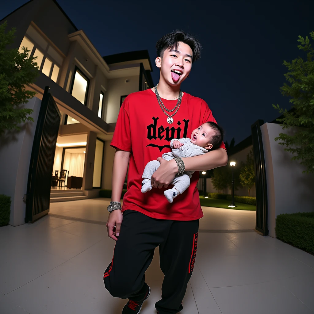 Asian boy holding a baby, good lighting, smooth hair, glossy skin, blur background, high quality, 8k resolution, cute, soft fabrics, tropical environment