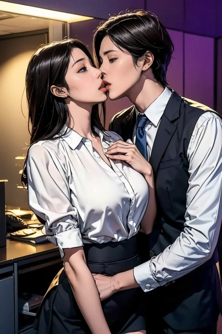 Luxurious,   goes floor-to-ceiling ,  a dark office with a view of the city skyline from the window ,  Anna Katsuragi,   24 years old、　Hall々 and a sophisticated 40-year-old billionaire   ,   stands close to Alex Tanaka  ,  now wearing a slightly disheveled suit  ,   and brought Alex to the office with amazing urgency , (He pushes her against the wall  ,  Her lips are reluctantly open , Passionate kiss,  His arm is touching her chest 、 the woman's white shirt is unbuttoned  ).(Her hair is fluffy and short  )（  she wears a white ruffle blouse and mini tight skirt）