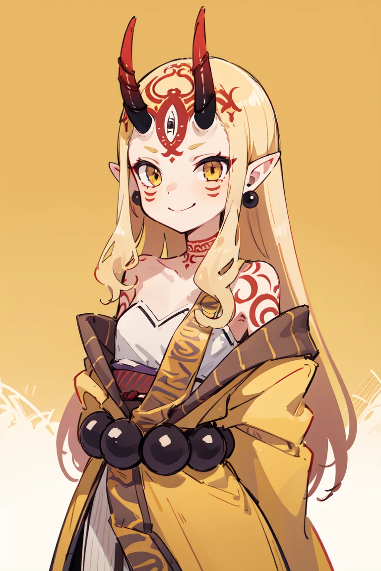 1girl, solo, (ibaraki_douji), blonde, yellow eyes, oni horns, japanese clothes, pointy ears, kimono, bare shoulders, off shoulder, yellow kimono, flat chest, forehead, ((arms behind back)), hair accesories, straight hair, jewelry, earrings, large smile, smug, upper body, standing, masterpiece, best quality, 8k, beautiful