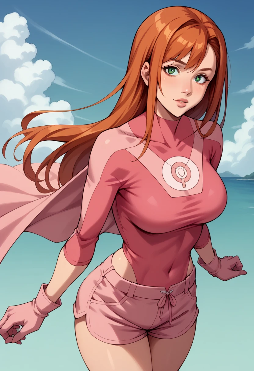 score_9, score_8_above, score_7_above, to break, score_9, AtomeveiXL ,  green eyes,  orange hair,  long hair,  Big breasts , saboveerhero, pink cape, pink jumpsuit, shorts rosa,  long sleeves , pink gloves on the elbow, shorts rosa,  looking at the viewer, Tiro de Cowboy, in this, from behind, cloudy sky, natural light, detailed 