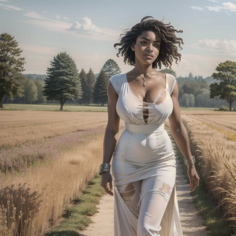 A young black slave ,1892 slave , North Carolina , shaggy curly hair, almond-shaped brown eyes , full lips , round face, wearing shabby old clothes ,white clothes, Torn clothes, Big breasts , WIDE HIP, thick thighs , handcuffs on the wrist, bare feet , setting wheat field , sunny day ,19th century black slave wearing long white dress, dress worn from use,Long, worn out, dirty clothes, sweaty young black woman, handcuffs on her wrists, depicting a historical image of the time, photo with historical basis