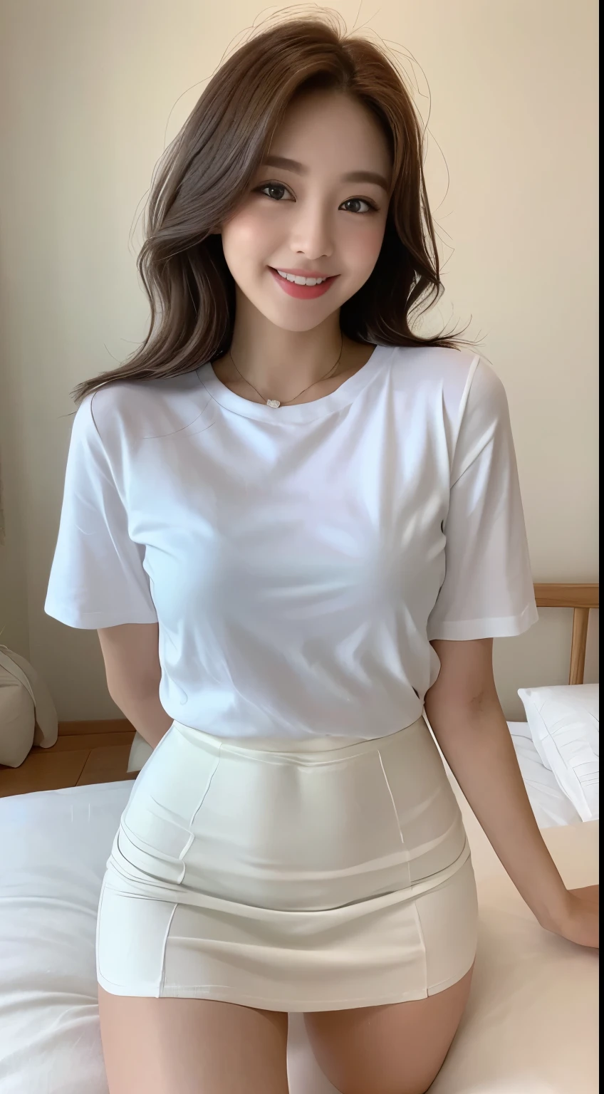 White tight shirt、White tight mini skirt、a bed、a smile、shortsleeves、high-level image quality