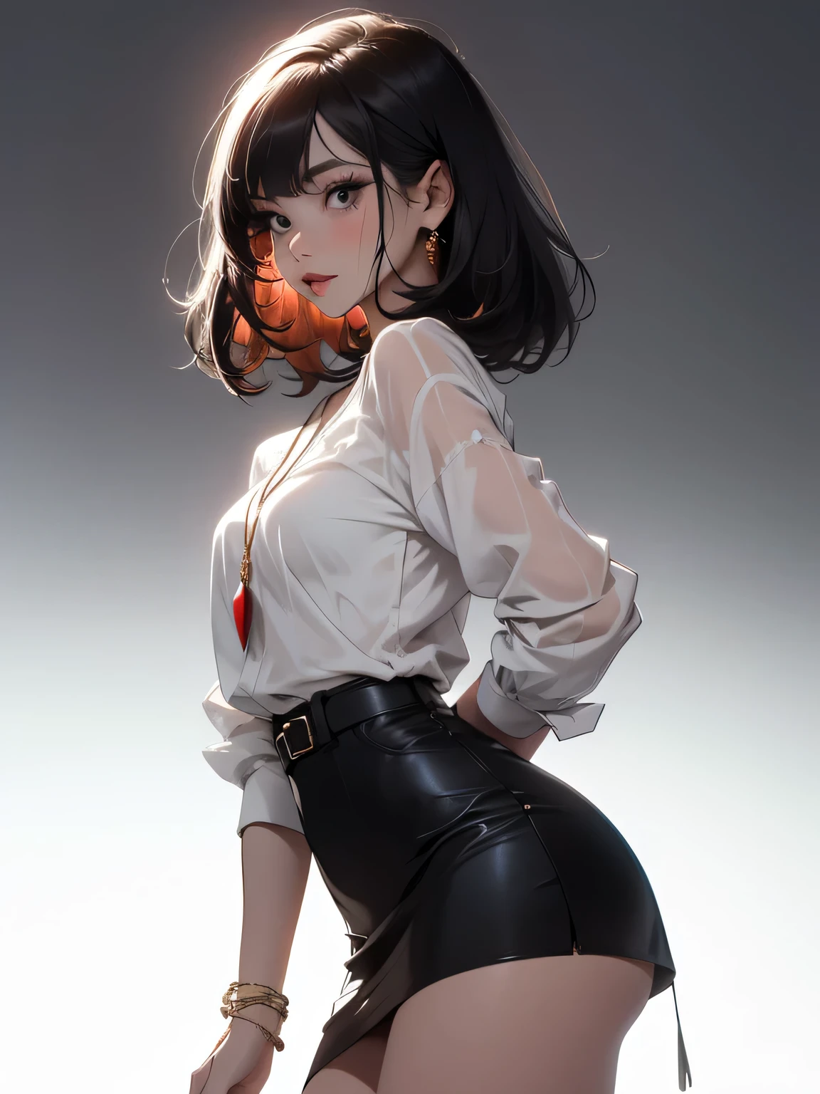 Anime girl in a white shirt and black leather shorts posing - SeaArt AI
