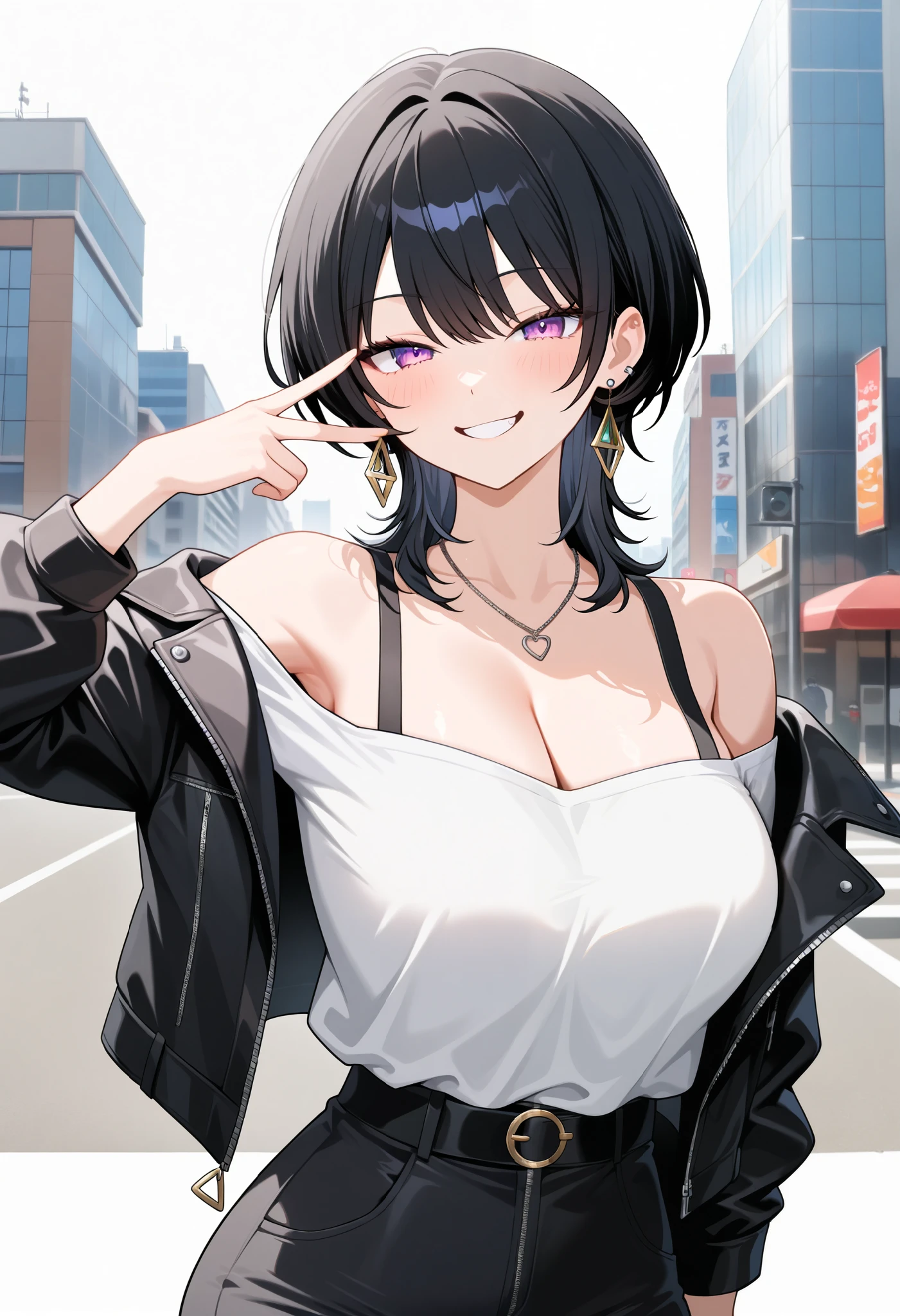 1girl. An illustration of a girl with wolf cut hair. She is wearing a white shirt and black jacket. She poses for a photo shoot. sensitive, upper body, looking at viewer, black hair, wolf cut, large breasts, cleavage, earrings, off-shoulder shirt, shirt overhang, off-shoulder jacket, open jacket, pants, standing, v over eye, smug, city, bloom, masterpiece, best quality, very aesthetic, absurdres