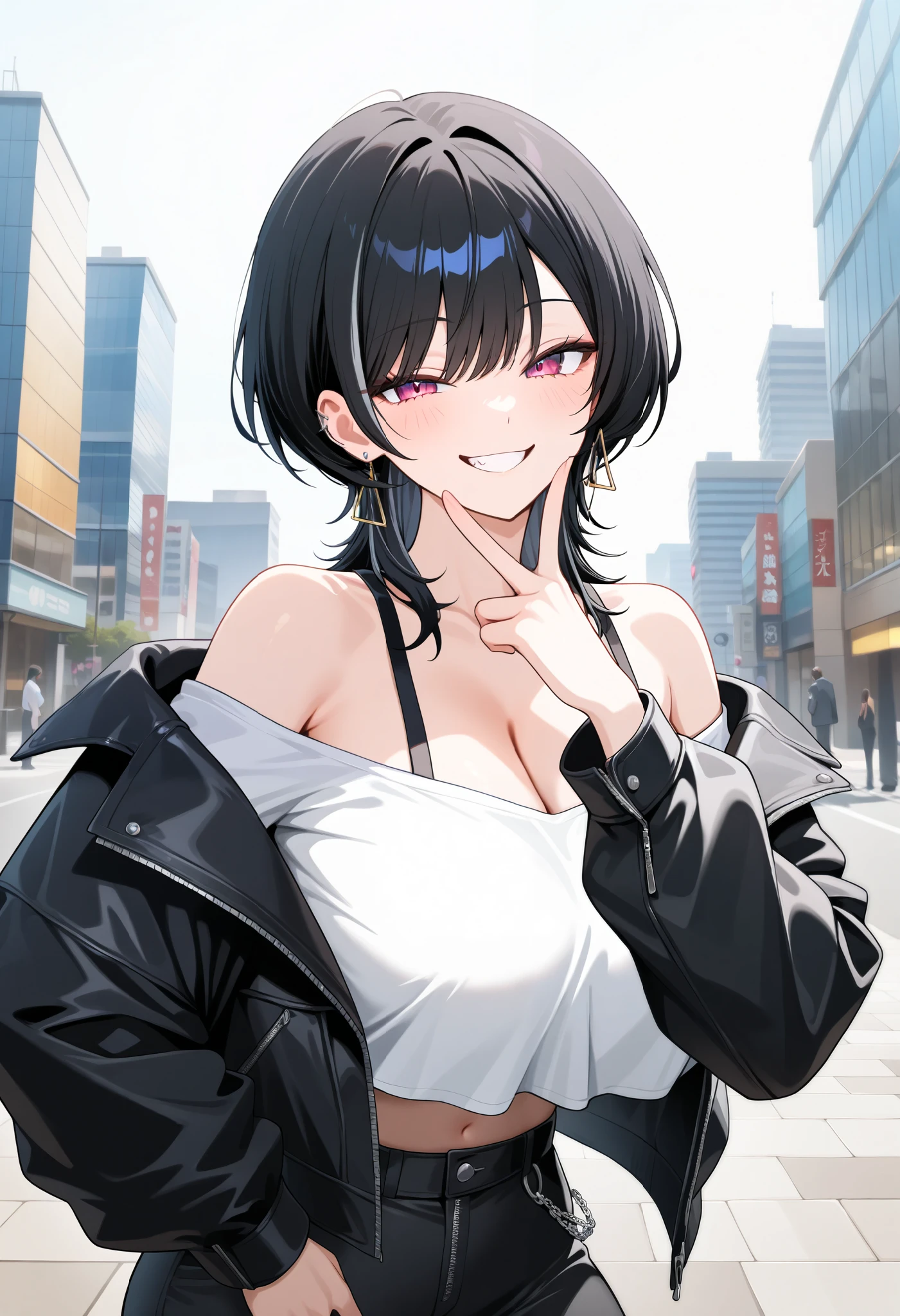 1girl. An illustration of a girl with wolf cut hair. She is wearing a white shirt and black jacket. She poses for a photo shoot. sensitive, upper body, looking at viewer, black hair, wolf cut, large breasts, cleavage, earrings, off-shoulder shirt, shirt overhang, off-shoulder jacket, open jacket, pants, standing, v over eye, smug, city, bloom, masterpiece, best quality, very aesthetic, absurdres