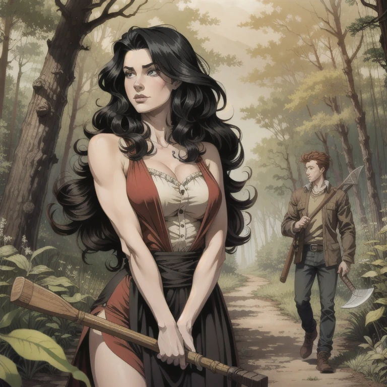  in a forest a woman with very long black hair holds an axe in her hand. in front of her, A  *****  boy with curly red hair stands .   