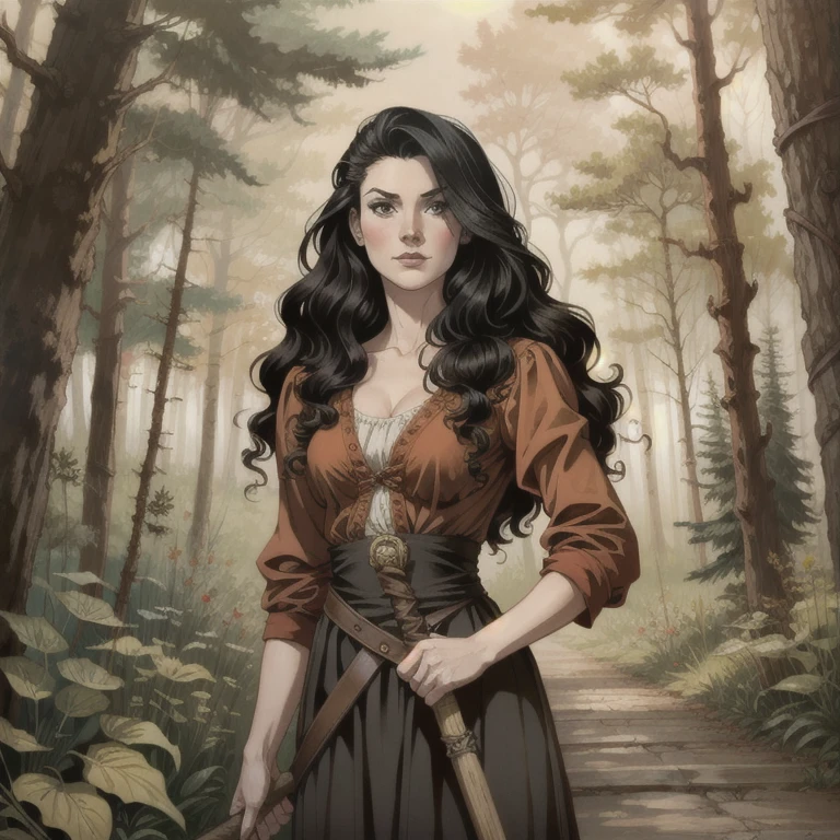  in a forest a woman with very long black hair holds an axe in her hand. in front of her, A  *****  boy with curly red hair stands .   