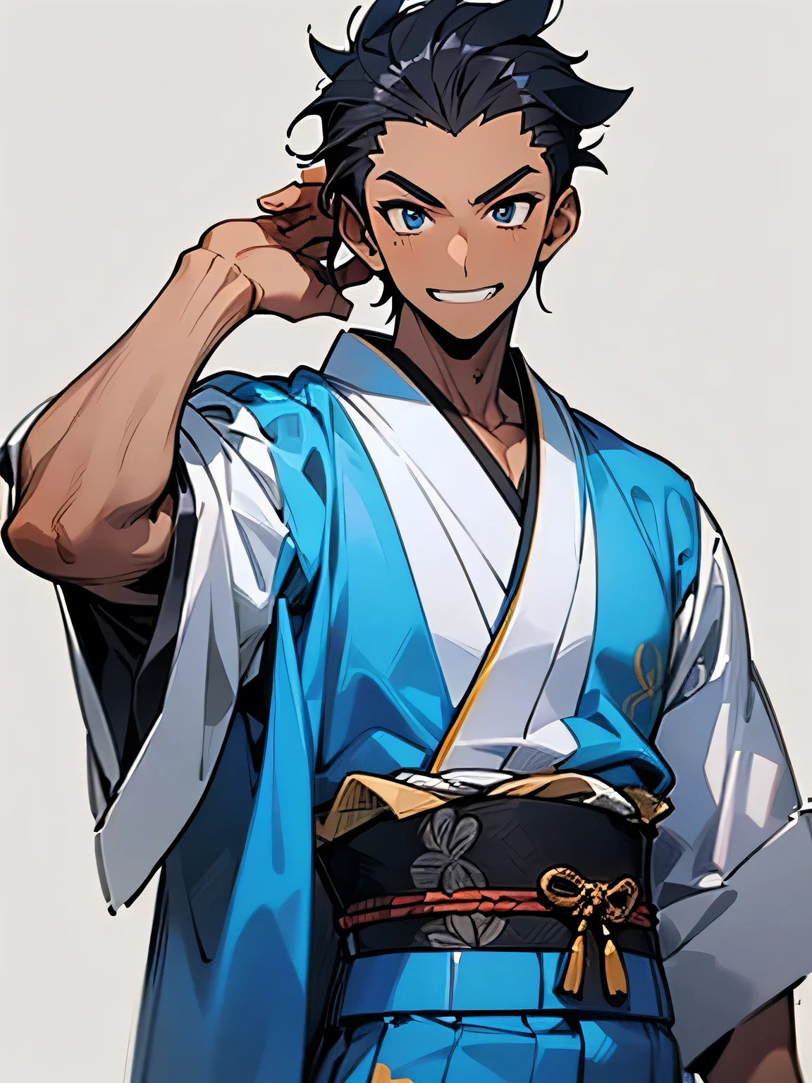  (male:1.3),upperbody,black spiky hair,sideshaved,(dark skin:1.2),big forehead, stubble:1.2, male eyes, male nose, male mouth, muscle:0.6,(wearing male's blue kimono_clothes),grin,Pro Model Pose:1.3,（ I am the protagonist:1.3）、simple white background,(manga style),(sketch),(illustration),