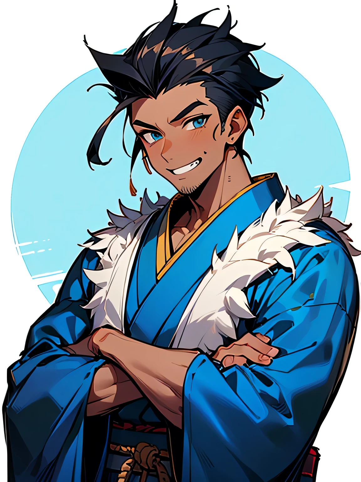  (male:1.3),upperbody,black spiky hair,sideshaved,(dark skin:1.2),big forehead, (stubble), male eyes, male nose, male mouth, muscle:0.6,(wearing male's blue kimono_clothes),grin,Pro Model Pose:1.3,（ I am the protagonist:1.3）、simple white background,(manga style),(sketch),(illustration),