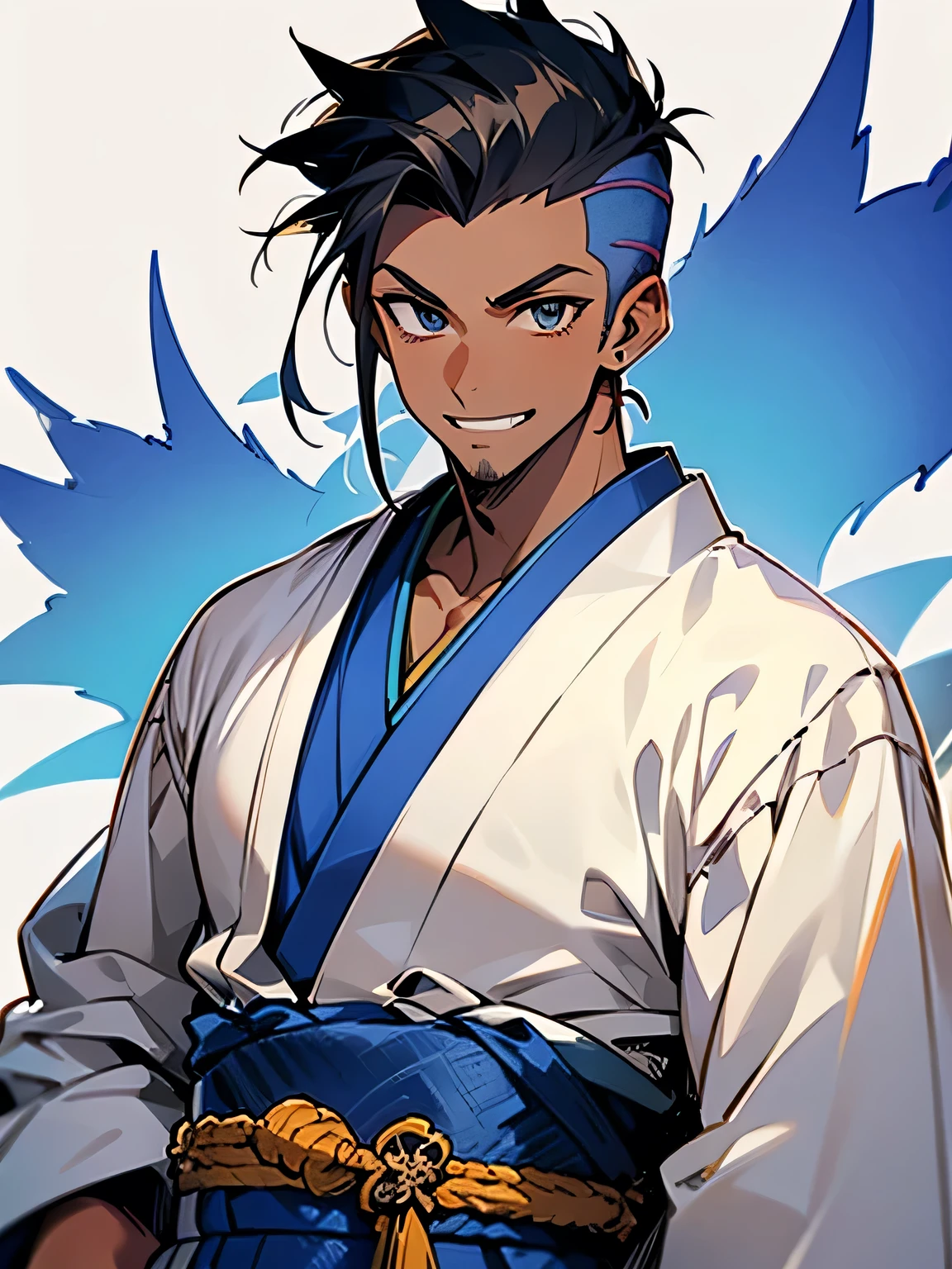  (male:1.3),upperbody,black spiky hair,sideshaved,(dark skin:1.2),big forehead, (stubble), male eyes, male nose, male mouth, muscle:0.6,(wearing male's blue kimono_clothes),grin,Pro Model Pose:1.3,（ I am the protagonist:1.3）、simple white background,(manga style),(sketch),(illustration),